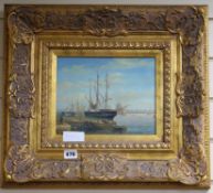 A 19th century style oil of ship in harbour 20 x 24cm.