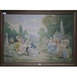 A machined tapestry panel depicting ladies and gallants in a garden, 79 x 113cm