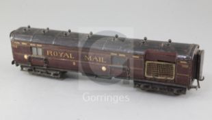 A scratchbuilt LMS Royal Mail baggage van, no.3244, in crimson