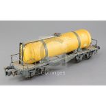 A Gauge 1 fuel oil bogie tanker wagon, orange/grey with auto coupling, no.3245