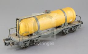 A Gauge 1 fuel oil bogie tanker wagon, orange/grey with auto coupling, no.3245