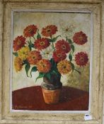 Isa Janssens, oil on canvas, Still Life of Dahlias, signed and dated 1942, 66 x 52cm.