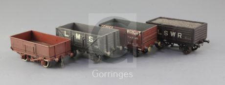 A George Wright open truck 8T, no.5, in red, an LMS open truck 8T, no.1234, in grey, a steel side