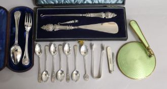 Mixed items including a cased Victorian silver christening fork and spoon, silver spoons and fruit