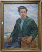 Herbert Ashwin Budd (1881-1950) Portrait of a man holdinga fishing creel, signed, 90 x 70cm.