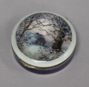 A continental silver and enamel circular pill box, 43mm.