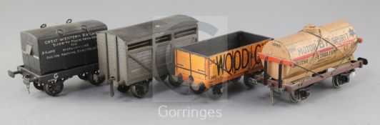 A Wood & Co open wagon, 12T, no.300, in orange, a B.P. Petrol tanker, no.1098, in brown and