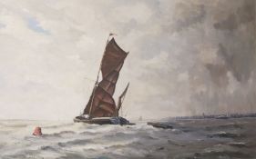 Arthur A Pank, oil on board, sail barge off the coast, signed, 56 x 87cm.