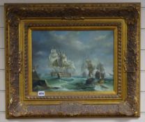 A pair of 18th century style oils on board, Dutch shipping 30 x 40cm.