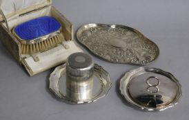 A cased George V silver and enamel brush, a pair of silver dishes, A Victorian silver pin dish, a