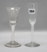 Two 18th century wine glasses with opaque twist stems, one etched with a bird and vines 14.5cm