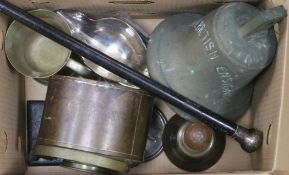 A bronze ships bell, another and mixed metalware and silver topped walking stick