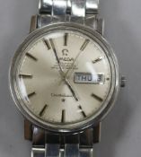 A gentleman's stainless steel Omega Constellation automatic wrist watch, on steel Omega bracelet.