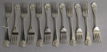 A set of twelve early Victorian silver Old English shell patter table forks, by Mary Chawner,
