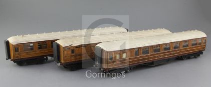 A set of three scratchbuilt LNER corridor coaches, teak stock, no's. 1527, 5471 and 13008