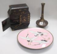 A lacquer Cabinet, cloisonne plate & bronze frog vase