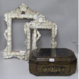 Two Jerusalem mother of pearl frames and a Chinese laquered work box W.34cm. H.15cm.