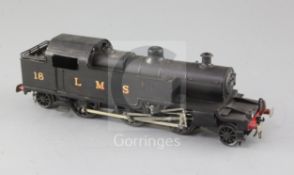 A scratch built O gauge 2-6-2 LMS tank locomotive, with Maxwell Reed motor, number 18, LMS black