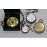 Two silver pocket watches, a silver fob watch and a gold plated hunter pocket watch.