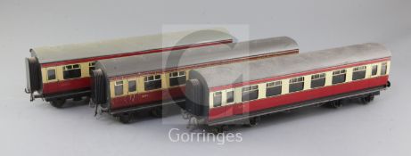 A set of three BR blood and custard corridor coaches, one boxed