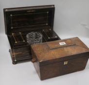 A William IV calamander and mother of pearl inlaid sarcophagus tea caddy, with canisters flanking