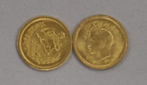 Two Iranian Quarter Pahlavi gold coins, Mohammad Reza Shah (1919-1980), 4.1g
