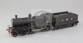 A CCW 4-4-0 (2P) LMS locomotive and tender, number 671, black livery, 3 rail with skate, overall