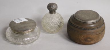 A 19th century circular rosewood silver top box, a circular silver box, cologne bottle, thimble, a