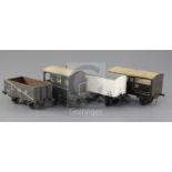 A set of four: SR box van No 764, LMS 7 plank open wagon No 266977, Ventilated Insulated meat box