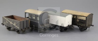 A set of four: SR box van No 764, LMS 7 plank open wagon No 266977, Ventilated Insulated meat box