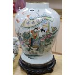 A large Chinese Republic period famille rose vase, wood stand, H 35cm