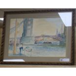 Dunlop, watercolour, view of Tower Bridge, indistinctly signed, 33 x 53cm