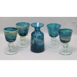 A set of four Medina 'sea and sand' decorated glass goblets and a similar carafe all signed to base,