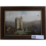 Continental School, oil on board, Besieged tower, indistinctly signed, 16 x 23cm.