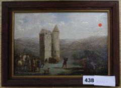 Continental School, oil on board, Besieged tower, indistinctly signed, 16 x 23cm.