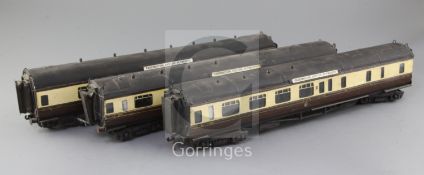 A set of three GWR corridor coaches, no's. 4127, 7142 and 7103, in chocolate and cream, 1, 2 or 3