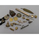 A 20 Franc gold coin and a 5 Franc gold coin (both with pendant mounts) and sundry items including