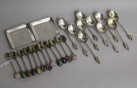 A set of 10 Chinese white metal apostle-type teaspoons and sundries, including a pair of 950