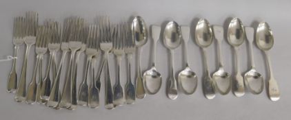 A harlequin part canteen of 19th century silver fiddle pattern flatware, 24 items, various date