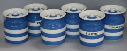 Six Cornishware storage jars H.12.5cm