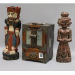 A Chinese hardwood cabinet, a Balinese figure and another figure 31cm