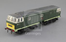 A Big Train battery operated O gauge Himek locomotive, number D7014, green/grey livery, 36cm, with