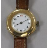 A 15ct gold trench style lady's wristwatch, white enamelled dial with black and red Arabic numerals
