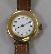 A 15ct gold trench style lady's wristwatch, white enamelled dial with black and red Arabic numerals