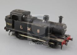 A scratch built O gauge 0-6-0 tank locomotive, number 7412, LMS black livery, 3 rail with skate,