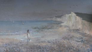 English School, oil on board, Girl on a beach, 60 x 101cm.