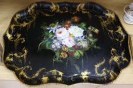 A Victorian floral painted papier-mache tray H.60cm. W.80cm.