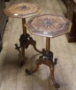 A pair of early Victorian octagonal top occasional tables, in beechwood, the inlaid tops crossbanded