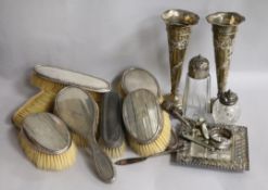 Assorted silver brushes and mirrors, two silver spill vase (1 a.f.) and other plated wares.