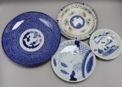 A Japanese blue and white plate, two others, a polychrome plate, a Japanese charger and a cinnabar